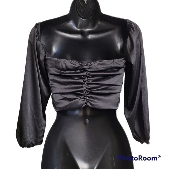 Blue Blush Black Satin Lace Up Tie Front Off The Shoulders Crop Top - Picture 4 of 10